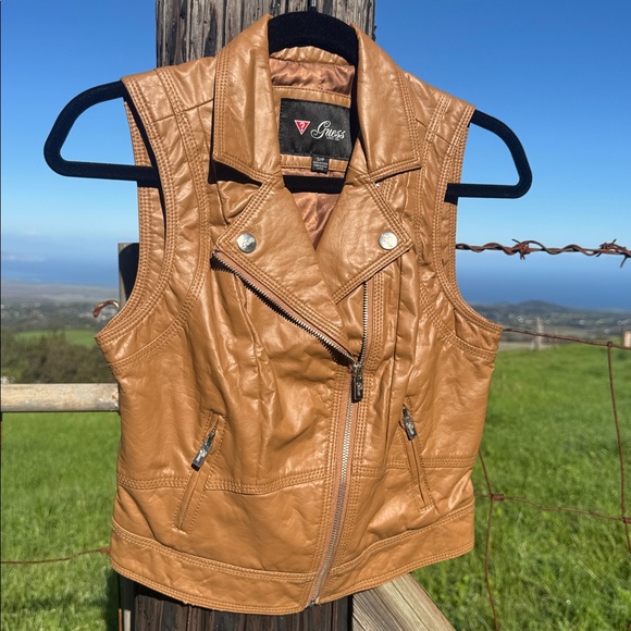 Y2K Guess Faux Leather Vest Brown Motorcycle Retro small - Picture 4 of 5